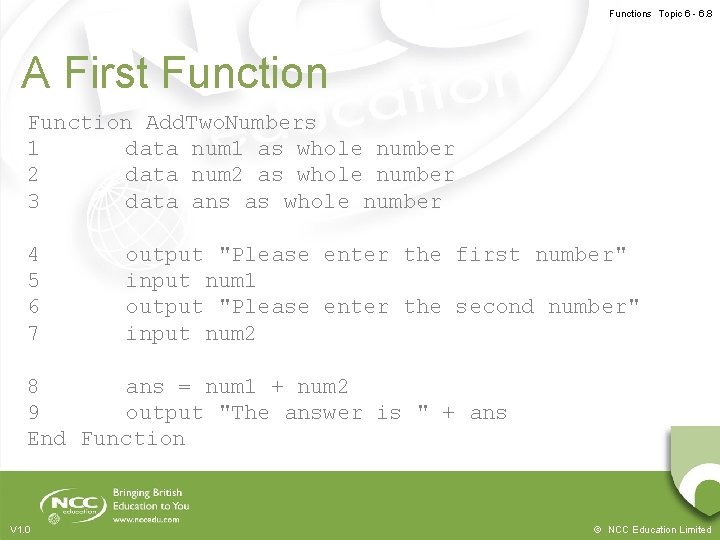 Functions Topic 6 - 6. 8 A First Function Add. Two. Numbers 1 data
