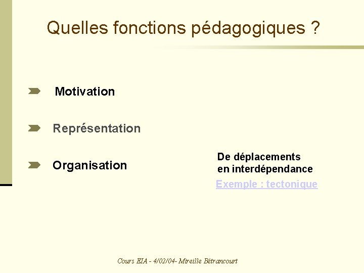 Quelles fonctions pédagogiques ? Motivation Représentation Organisation De déplacements en interdépendance Exemple : tectonique