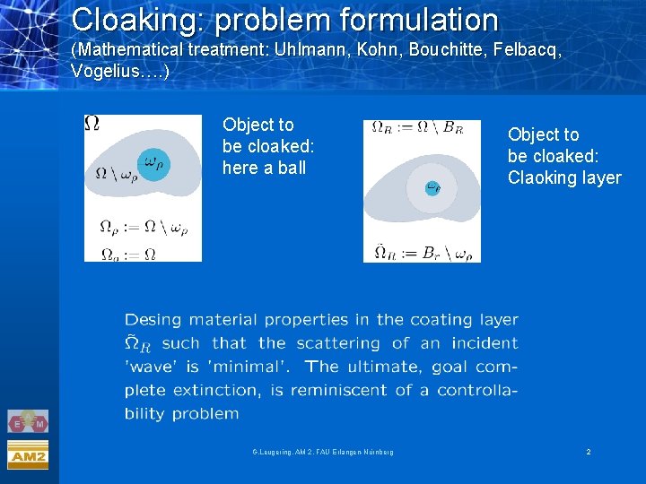 Cloaking: problem formulation (Mathematical treatment: Uhlmann, Kohn, Bouchitte, Felbacq, Vogelius…. ) Object to be Cloaking: problem formulation (Mathematical treatment: Uhlmann, Kohn, Bouchitte, Felbacq, Vogelius…. ) Object to be