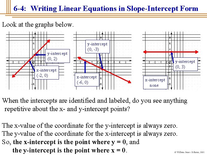 6 -4: Writing Linear Equations in Slope-Intercept Form Look at the graphs below. y-intercept