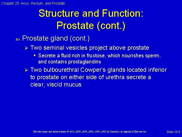 Chapter 25: Anus, Rectum, and Prostate Structure and Function: Prostate (cont. ) Prostate gland Chapter 25: Anus, Rectum, and Prostate Structure and Function: Prostate (cont. ) Prostate gland