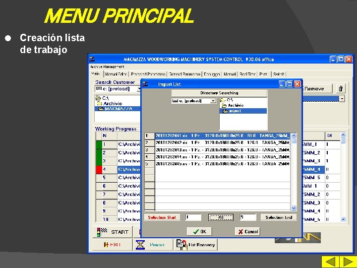 MENU PRINCIPAL l Creación lista de trabajo 