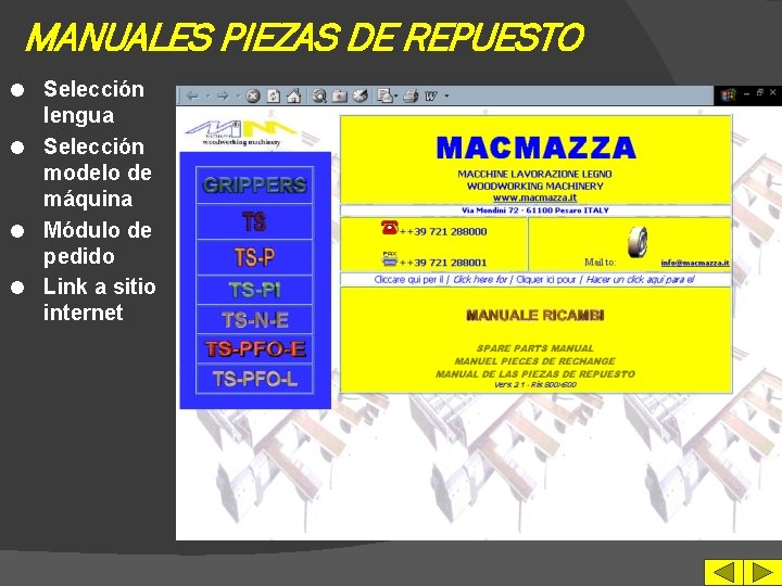 MANUALES PIEZAS DE REPUESTO Selección lengua l Selección modelo de máquina l Módulo de