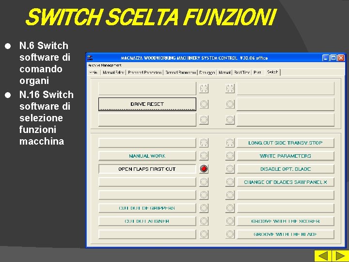 SWITCH SCELTA FUNZIONI N. 6 Switch software di comando organi l N. 16 Switch