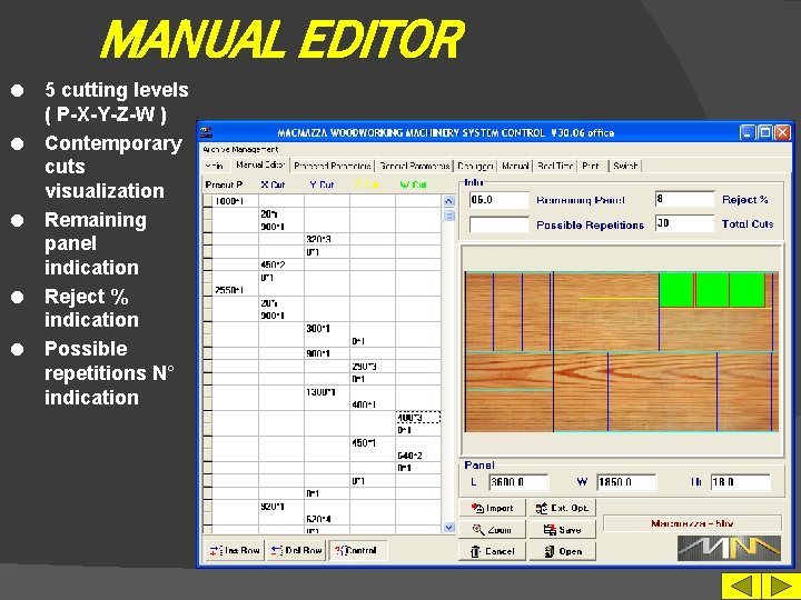 MANUAL EDITOR l l l 5 cutting levels ( P-X-Y-Z-W ) Contemporary cuts visualization