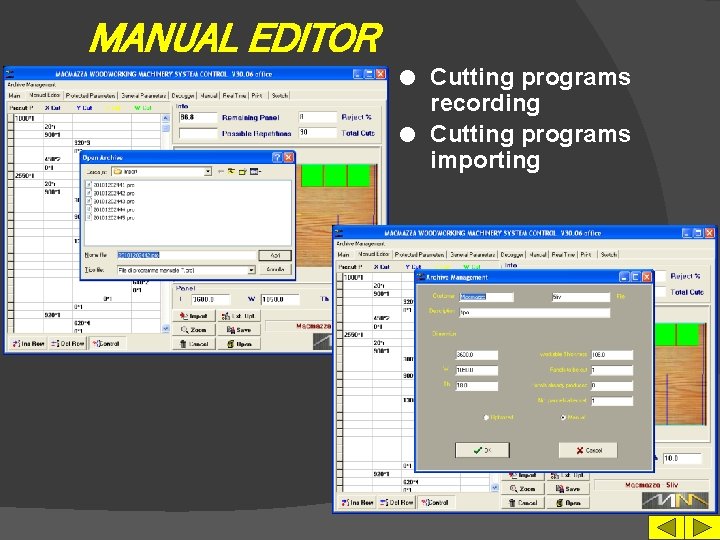 MANUAL EDITOR Cutting programs recording l Cutting programs importing l 