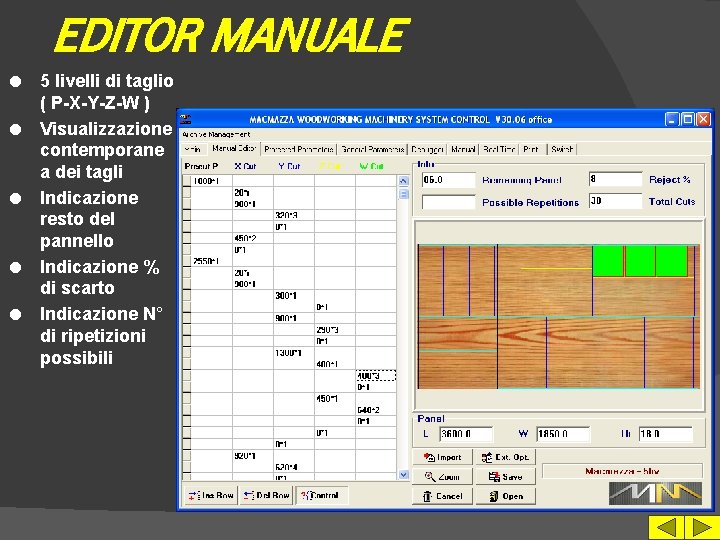 EDITOR MANUALE l l l 5 livelli di taglio ( P-X-Y-Z-W ) Visualizzazione contemporane