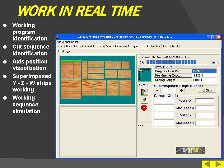 WORK IN REAL TIME l l l Working program identification Cut sequence identification Axis