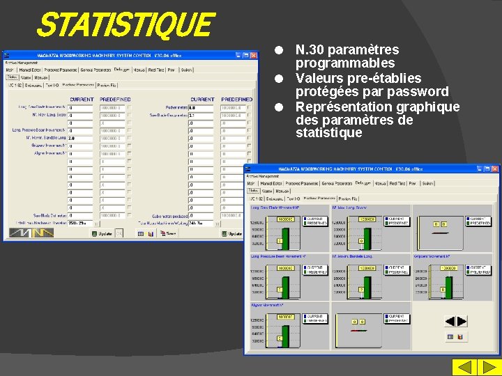 STATISTIQUE N. 30 paramètres programmables l Valeurs pre-établies protégées par password l Représentation graphique