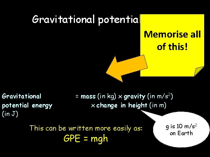 Gravitational potential energy Memorise all of this! Gravitational potential energy (in J) = mass