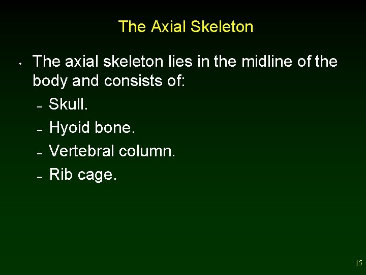 The Axial Skeleton • The axial skeleton lies in the midline of the body