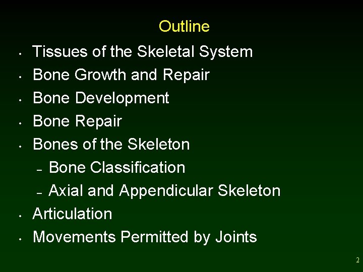 Outline • • Tissues of the Skeletal System Bone Growth and Repair Bone Development