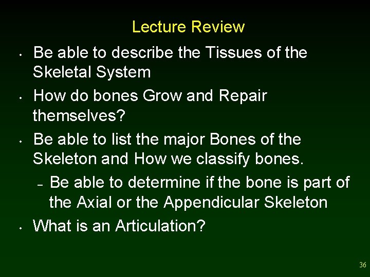 Lecture Review • • Be able to describe the Tissues of the Skeletal System