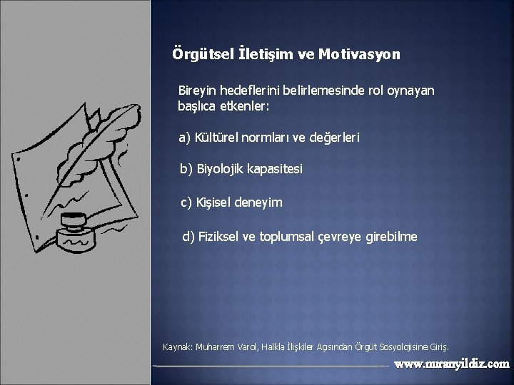 Örgütsel İletişim ve Motivasyon Bireyin hedeflerini belirlemesinde rol oynayan başlıca etkenler: a) Kültürel normları Örgütsel İletişim ve Motivasyon Bireyin hedeflerini belirlemesinde rol oynayan başlıca etkenler: a) Kültürel normları