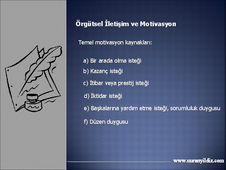 Örgütsel İletişim ve Motivasyon Temel motivasyon kaynakları: a) Bir arada olma isteği b) Kazanç