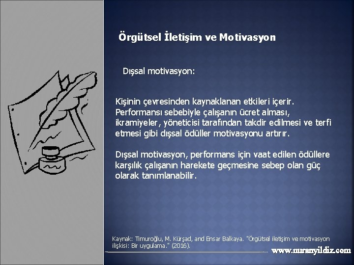Örgütsel İletişim ve Motivasyon Dışsal motivasyon: Kişinin çevresinden kaynaklanan etkileri içerir. Performansı sebebiyle çalışanın Örgütsel İletişim ve Motivasyon Dışsal motivasyon: Kişinin çevresinden kaynaklanan etkileri içerir. Performansı sebebiyle çalışanın