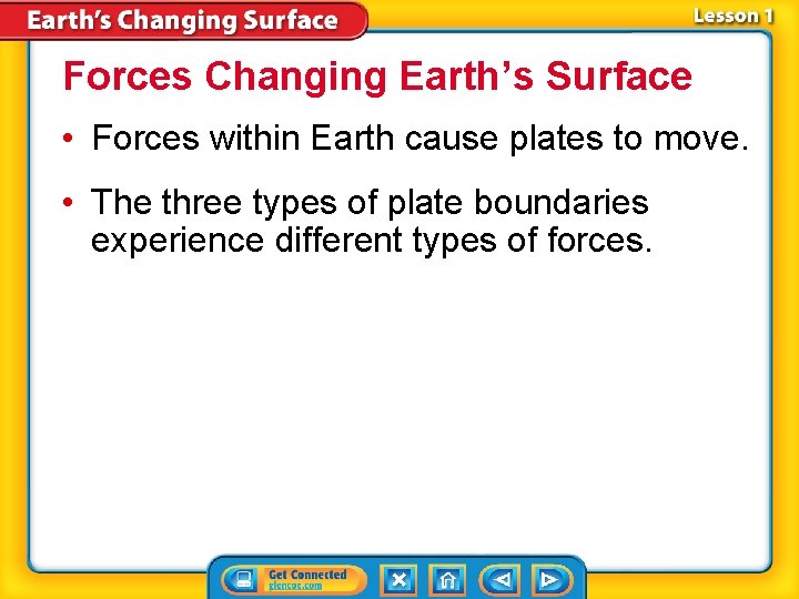 Forces Changing Earth’s Surface • Forces within Earth cause plates to move. • The