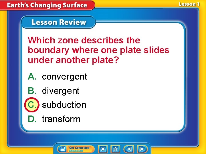 Which zone describes the boundary where one plate slides under another plate? A. convergent