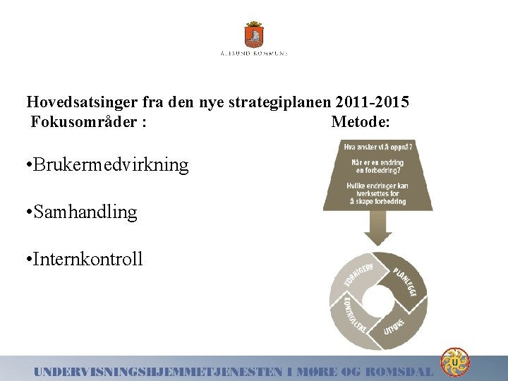 Hovedsatsinger fra den nye strategiplanen 2011 -2015 Fokusområder : Metode: • Brukermedvirkning • Samhandling