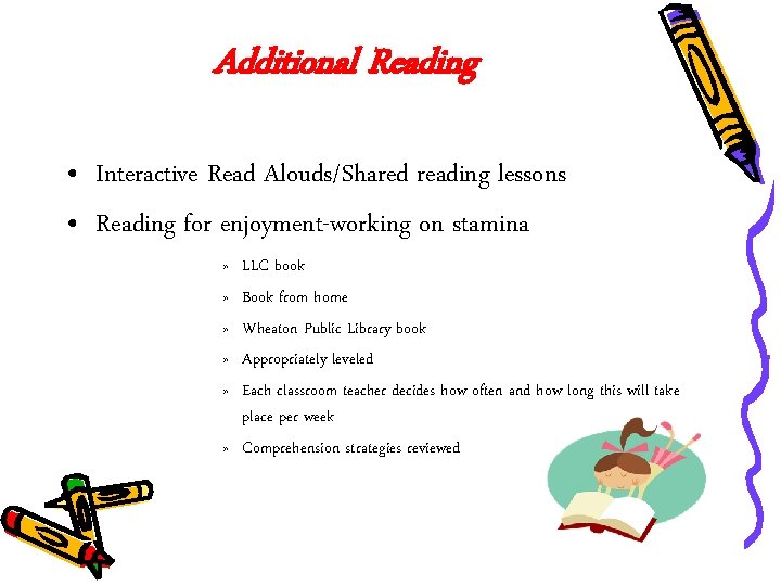 Additional Reading • Interactive Read Alouds/Shared reading lessons • Reading for enjoyment-working on stamina