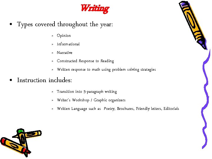 Writing • Types covered throughout the year: » » » Opinion Informational Narrative Constructed