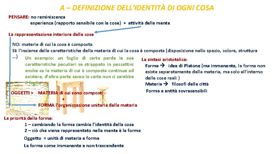 A – DEFINIZIONE DELL’IDENTITÀ DI OGNI COSA PENSARE: no reminiscenza esperienza (rapporto sensibile con