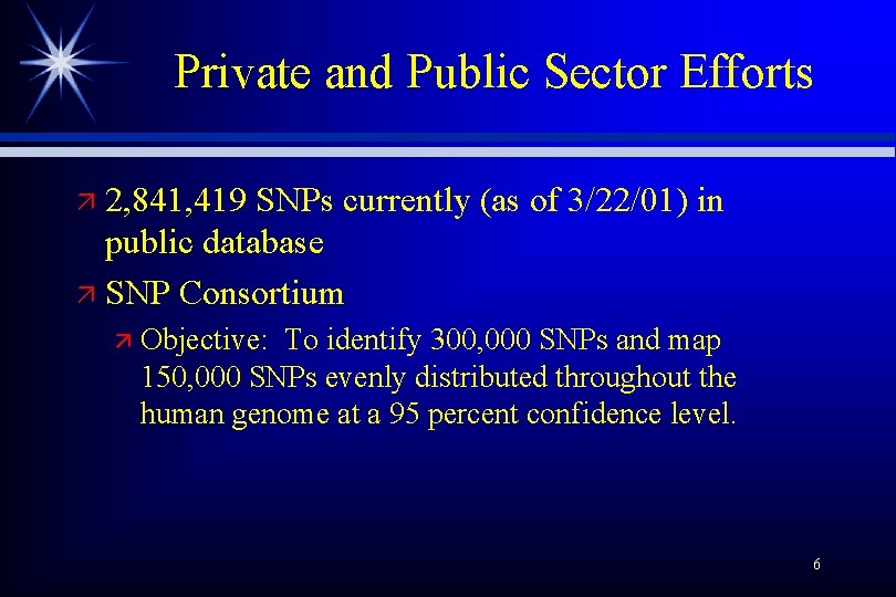 Private and Public Sector Efforts 2, 841, 419 SNPs currently (as of 3/22/01) in