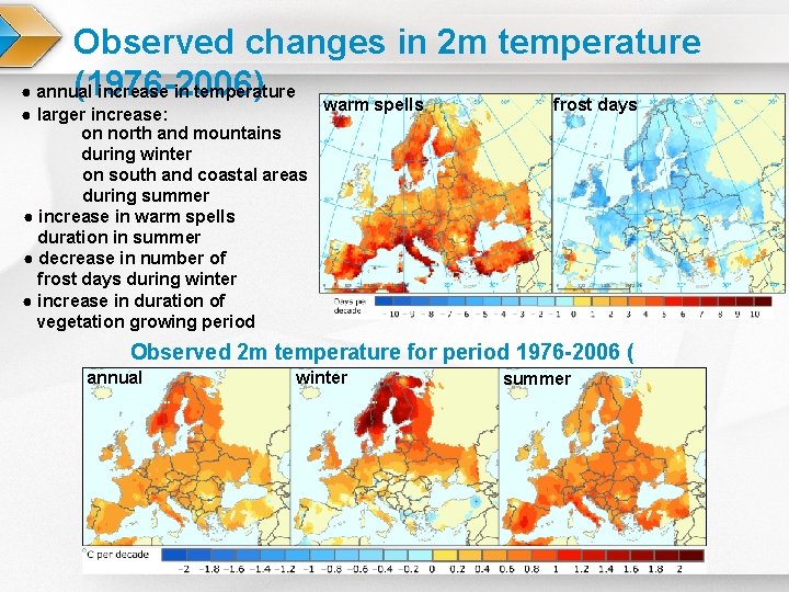 Observed changes in 2 m temperature (1976 -2006) ● annual increase in temperature warm