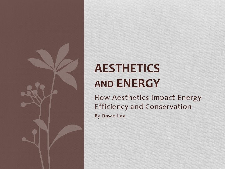 AESTHETICS AND ENERGY How Aesthetics Impact Energy Efficiency and Conservation By Dawn Lee 