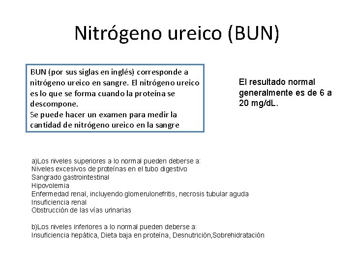 Nitrógeno ureico (BUN) BUN (por sus siglas en inglés) corresponde a nitrógeno ureico en