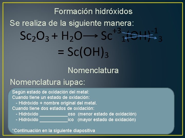 Formación hidróxidos Se realiza de la siguiente manera: Nomenclatura iupac: Según estado de oxidación