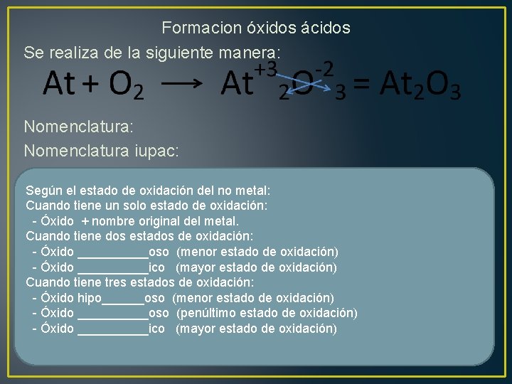 Formacion óxidos ácidos Se realiza de la siguiente manera: Nomenclatura: Nomenclatura iupac: Según el