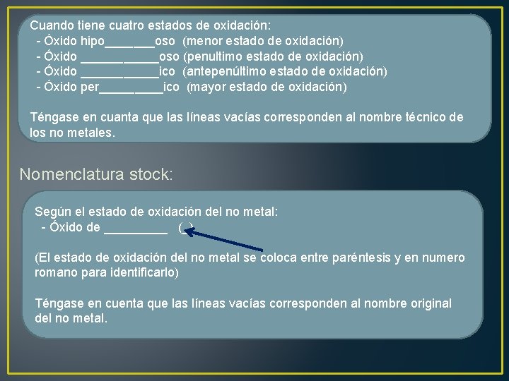 Cuando tiene cuatro estados de oxidación: - Óxido hipo_______oso (menor estado de oxidación) -