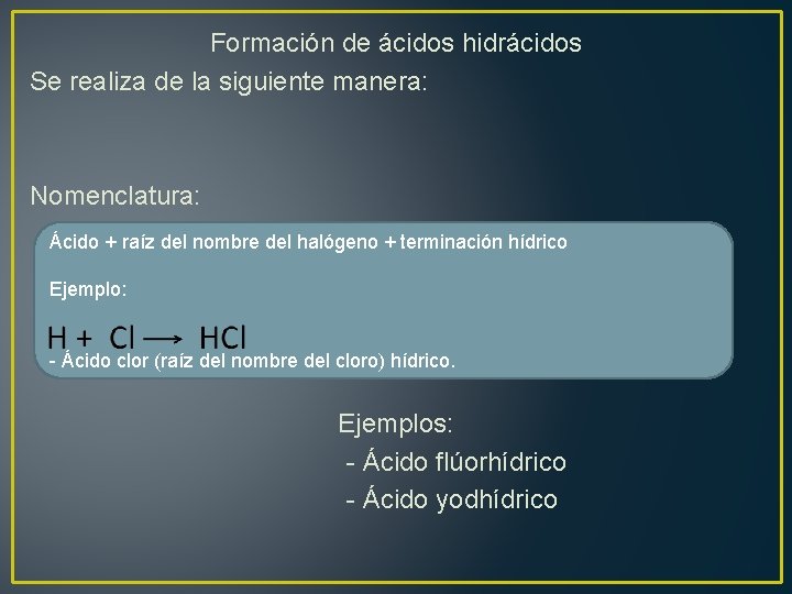 Formación de ácidos hidrácidos Se realiza de la siguiente manera: Nomenclatura: Ácido + raíz