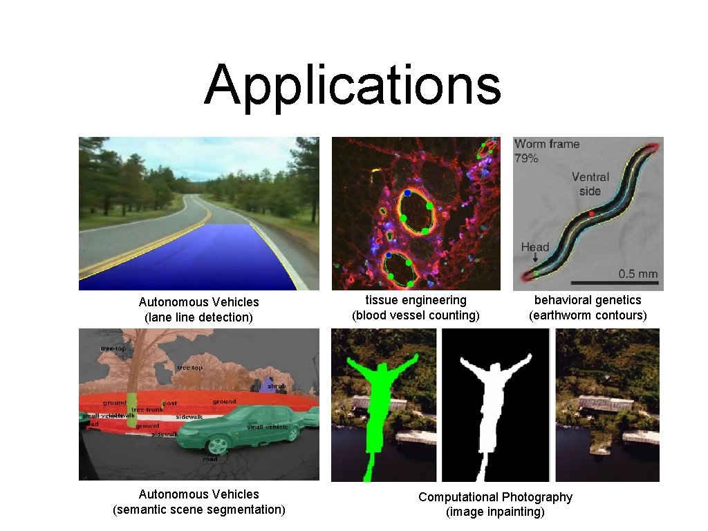Applications Autonomous Vehicles (lane line detection) Autonomous Vehicles (semantic scene segmentation) tissue engineering (blood Applications Autonomous Vehicles (lane line detection) Autonomous Vehicles (semantic scene segmentation) tissue engineering (blood