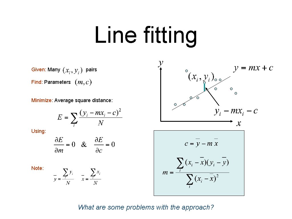 Line fitting Given: Many pairs Find: Parameters Minimize: Average square distance: Using: Note: What Line fitting Given: Many pairs Find: Parameters Minimize: Average square distance: Using: Note: What