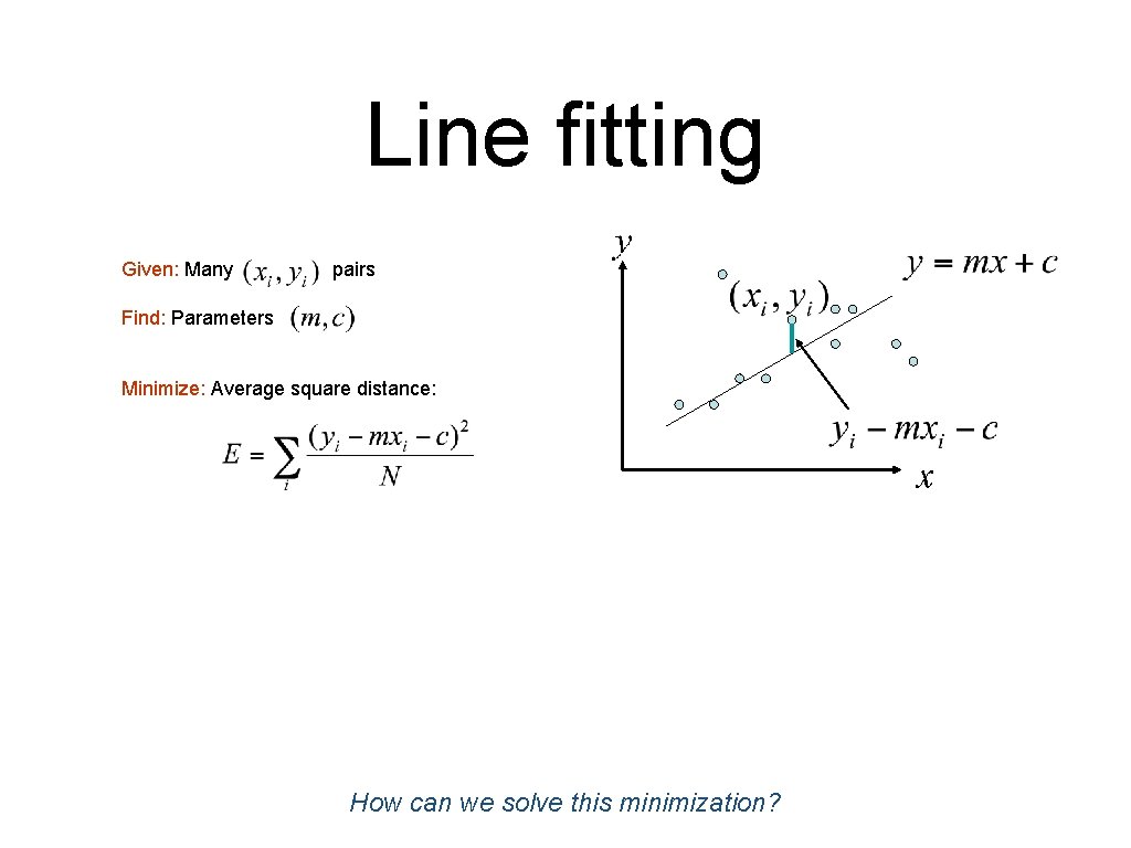 Line fitting Given: Many pairs Find: Parameters Minimize: Average square distance: Using: Note: How Line fitting Given: Many pairs Find: Parameters Minimize: Average square distance: Using: Note: How