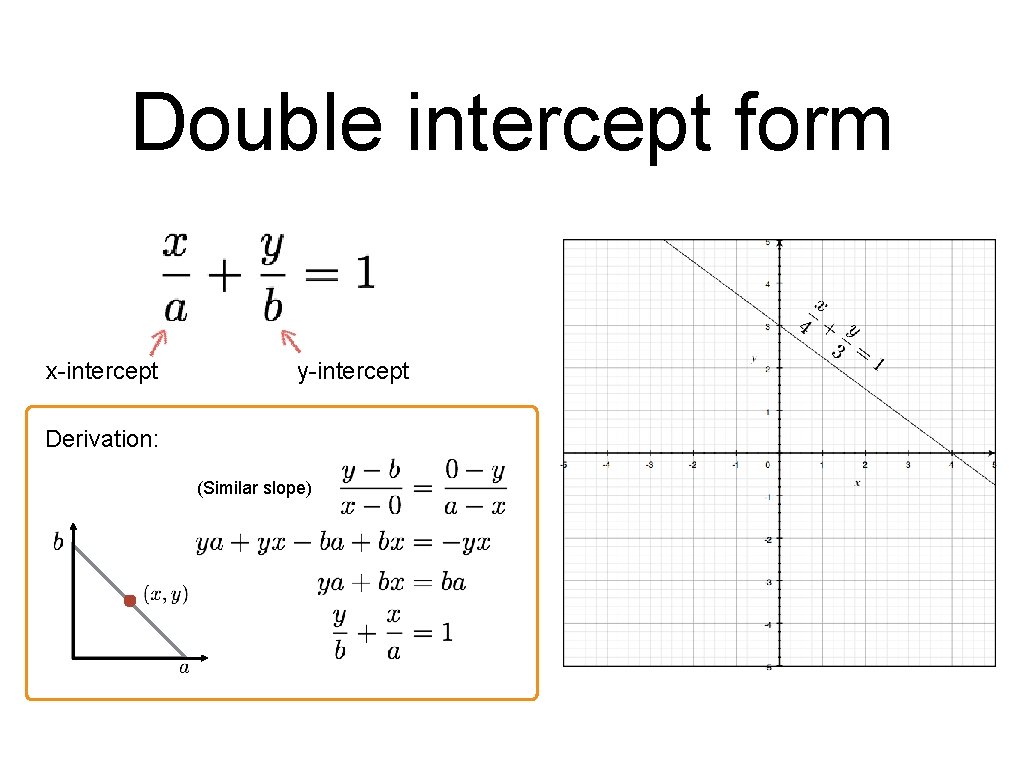 Double intercept form x-intercept y-intercept Derivation: (Similar slope) Double intercept form x-intercept y-intercept Derivation: (Similar slope)