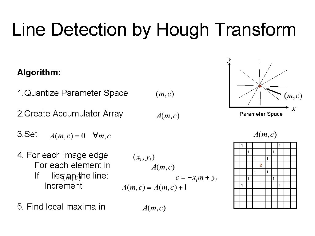 Line Detection by Hough Transform Algorithm: 1. Quantize Parameter Space 2. Create Accumulator Array Line Detection by Hough Transform Algorithm: 1. Quantize Parameter Space 2. Create Accumulator Array