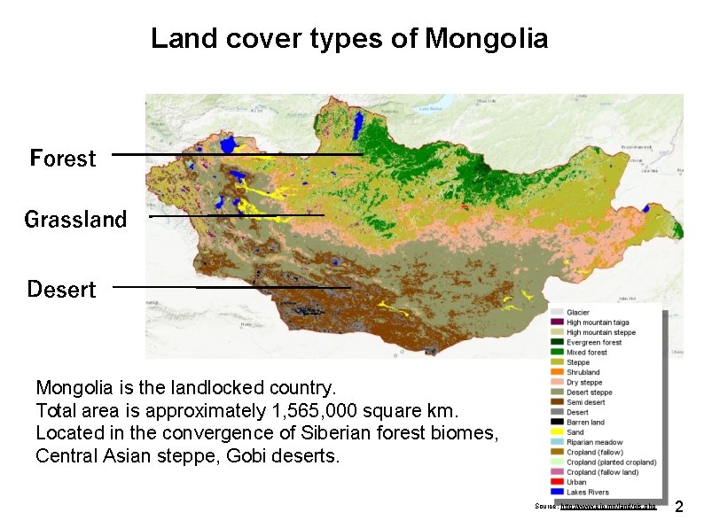 Land cover types of Mongolia Forest Grassland Desert Mongolia is the landlocked country. Total