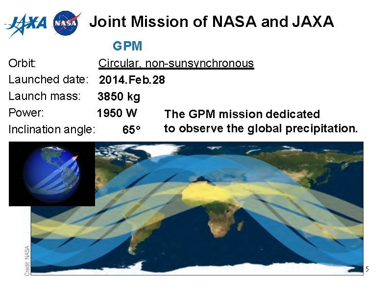 Joint Mission of NASA and JAXA GPM Circular, non-sunsynchronous Orbit: Launched date: 2014. Feb.