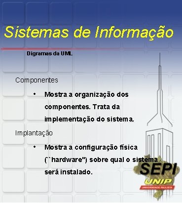 Sistemas de Informação Digramas da UML Componentes • Mostra a organização dos componentes. Trata