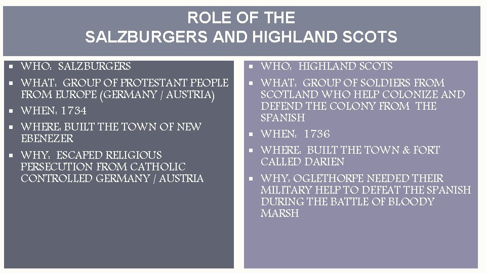 ROLE OF THE SALZBURGERS AND HIGHLAND SCOTS § WHO: SALZBURGERS § WHAT: GROUP OF ROLE OF THE SALZBURGERS AND HIGHLAND SCOTS § WHO: SALZBURGERS § WHAT: GROUP OF