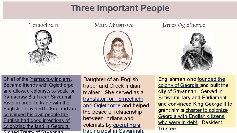 Three Important People Tomochichi Chief of the Yamacraw Indians. Became friends with Oglethorpe and Three Important People Tomochichi Chief of the Yamacraw Indians. Became friends with Oglethorpe and