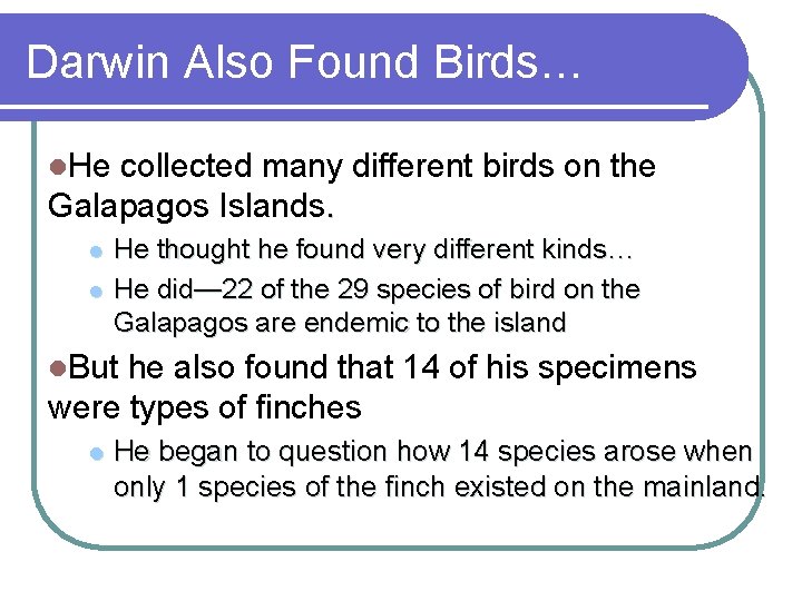 Darwin Also Found Birds… l. He collected many different birds on the Galapagos Islands.