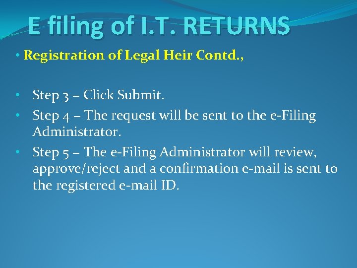 E filing of I. T. RETURNS • Registration of Legal Heir Contd. , •