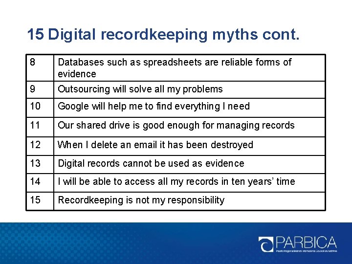 15 Digital recordkeeping myths cont. 8 Databases such as spreadsheets are reliable forms of