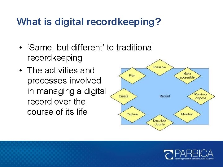 What is digital recordkeeping? • ‘Same, but different’ to traditional recordkeeping • The activities