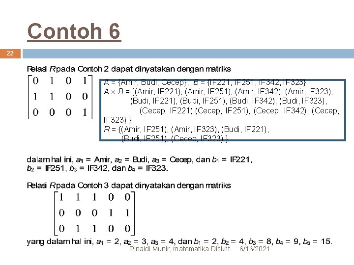 Contoh 6 22 A = {Amir, Budi, Cecep}, B = {IF 221, IF 251,