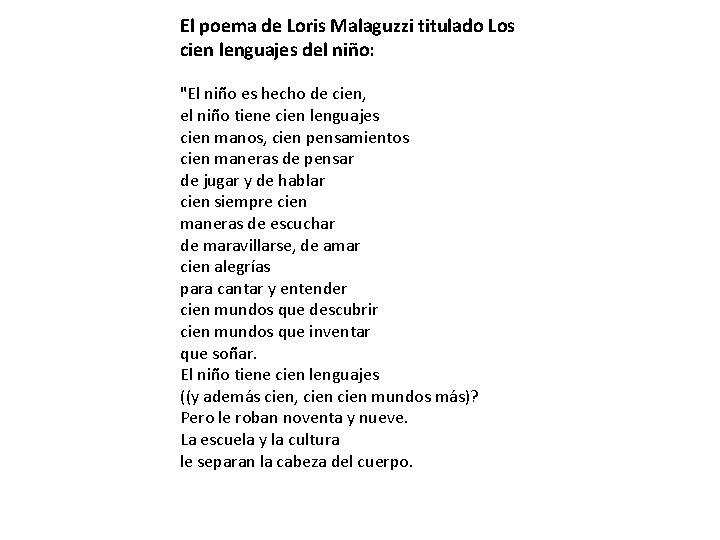 El poema de Loris Malaguzzi titulado Los cien lenguajes del niño: "El niño es